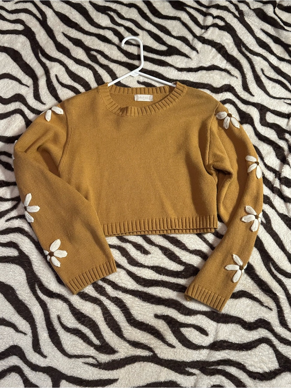 Altar'd State Mustard Cropped Crewneck Sweater with White Floral Appliqués
